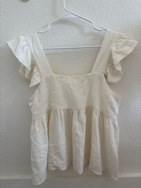 Miou Muse Cream Ruffle Sleeve Square Neck Top